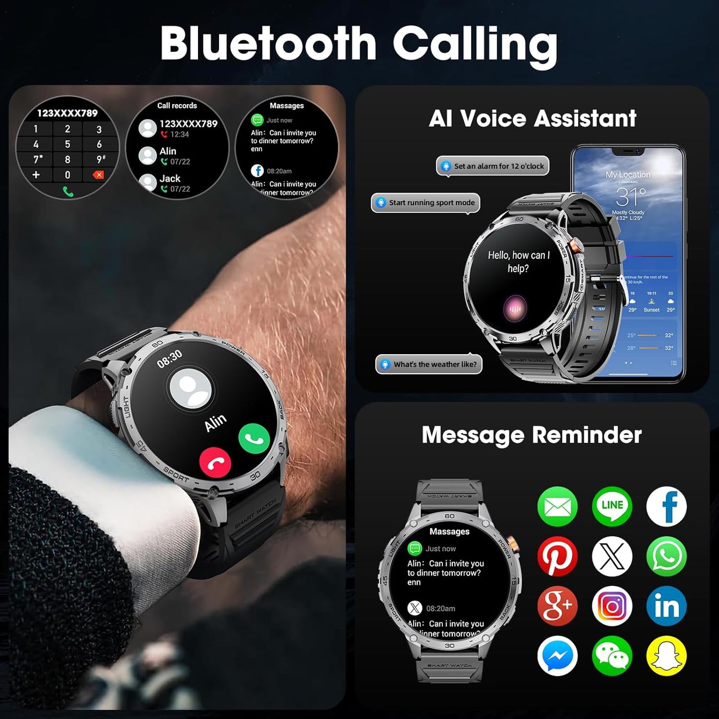 Military Smart Watch for Men 1.75" HD AMOLED Display 730mAh Battery Smart Watches with LED Flashlight for Android iOS(Bluetooth Call Answer/Dial Calls) Fitness Tracker with Heart Rate