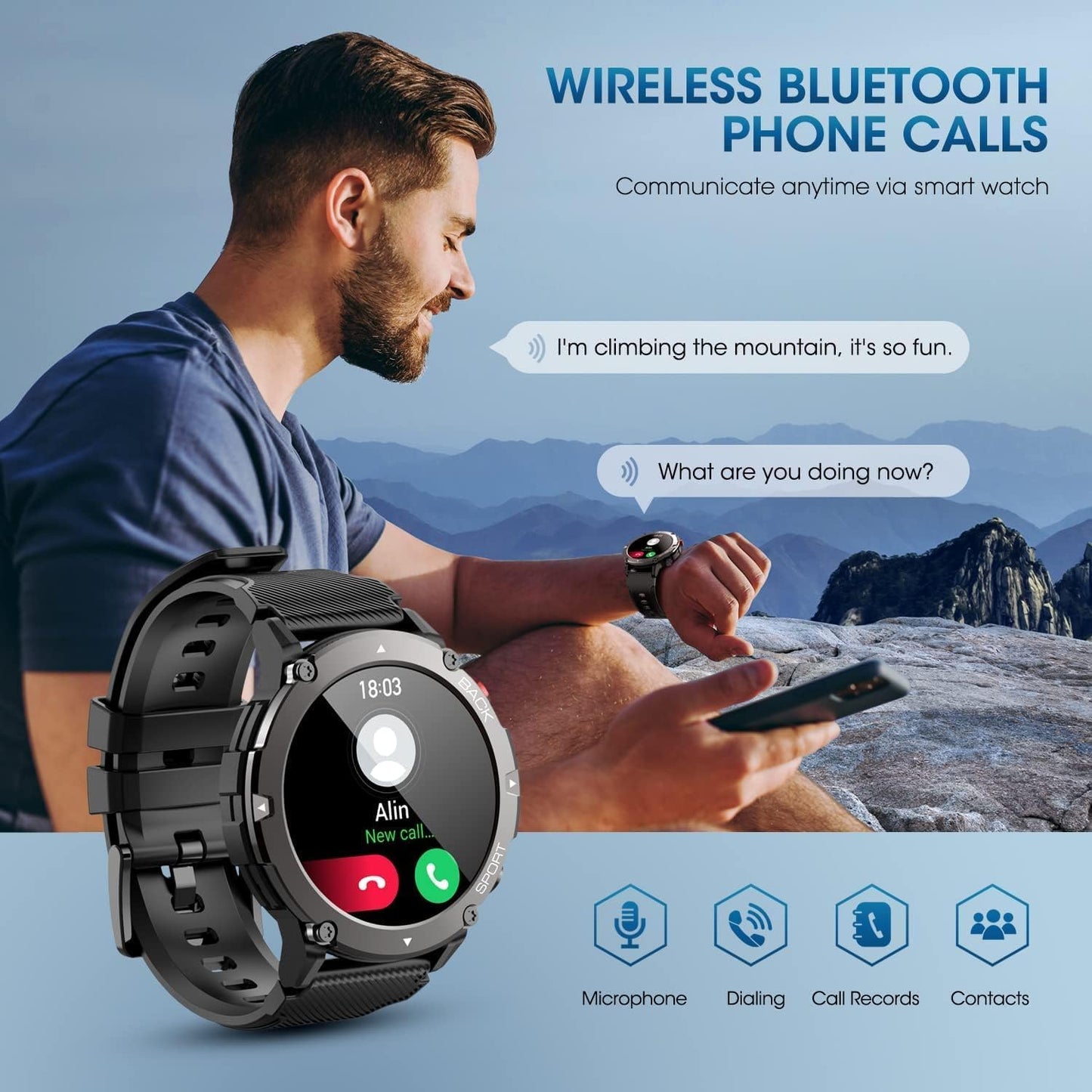 DUREXO Smart Watch for Men Bluetooth Call (Answer/Make Call) Military IP68 Waterproof 1.32'' Tactical Tracker Fitness Watch for Android iOS Outdoor Sports Smartwatch(Black)