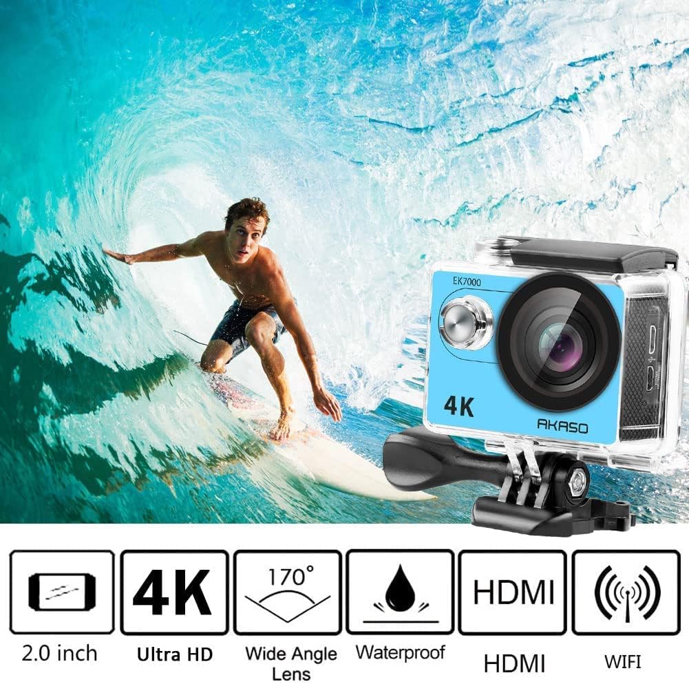AKASO EK7000 4K30FPS Action Camera - 20MP Ultra HD Underwater Camera 170 Degree Wide Angle Waterproof Camera with Accessory Kit - Blue