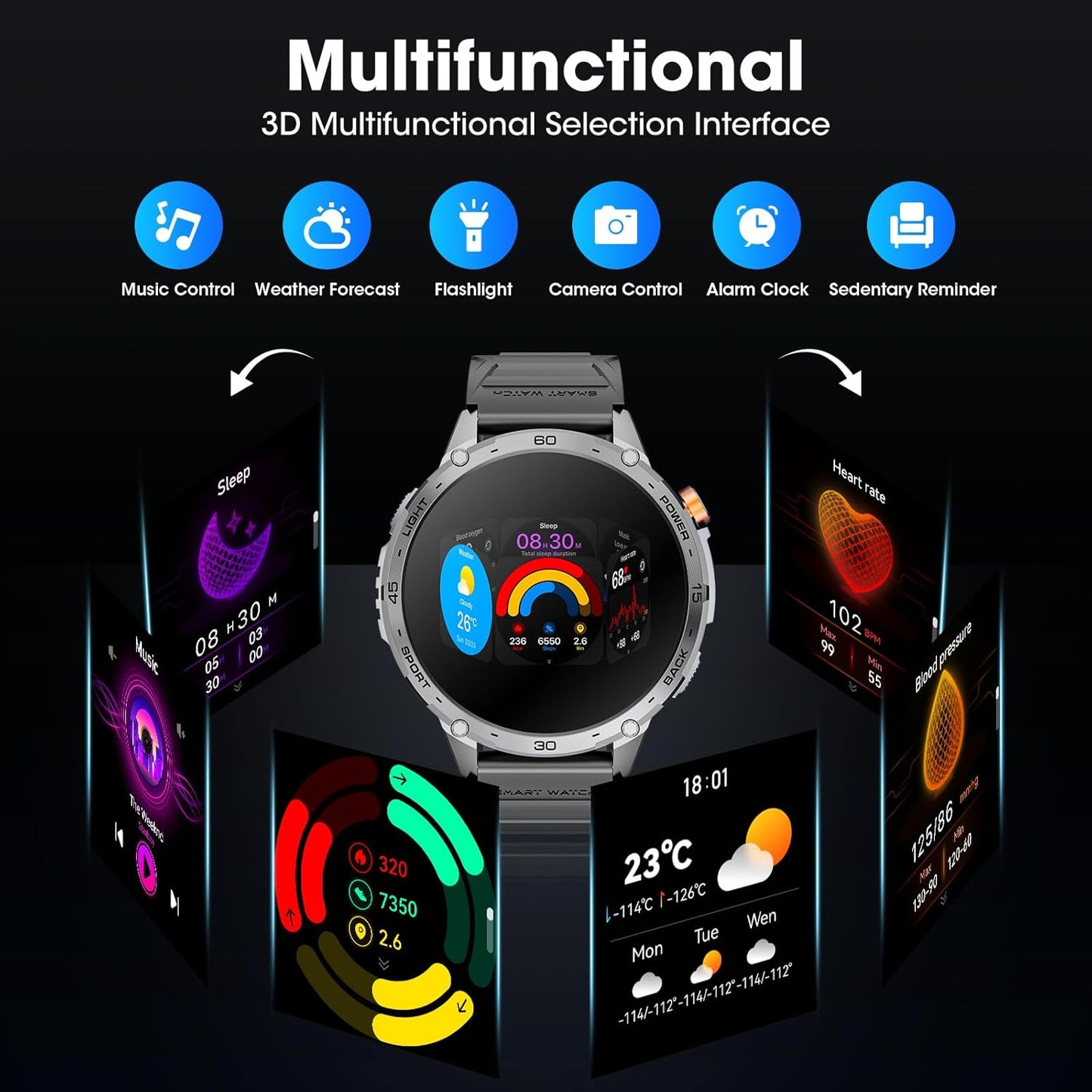 mingwear Military Smart Watch for Men 1.75" HD AMOLED Display 730mAh Battery Smart Watches with LED Flashlight for Android iOS(Bluetooth Call Answer/Dial Calls) Fitness Tracker Black Steel Strip