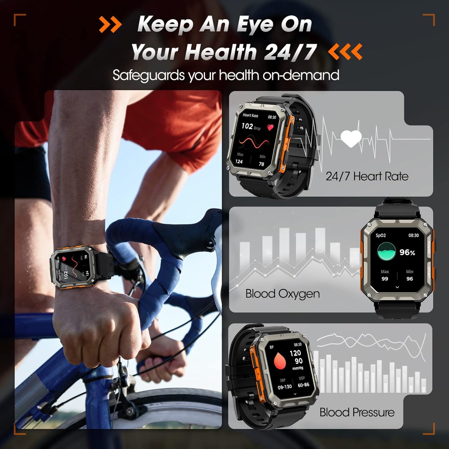 Rgthuhu Military Smart Watch for Men with Blood Pressure (Answer/Make Call), Rugged Tactical Smartwatch for Android and iPhone