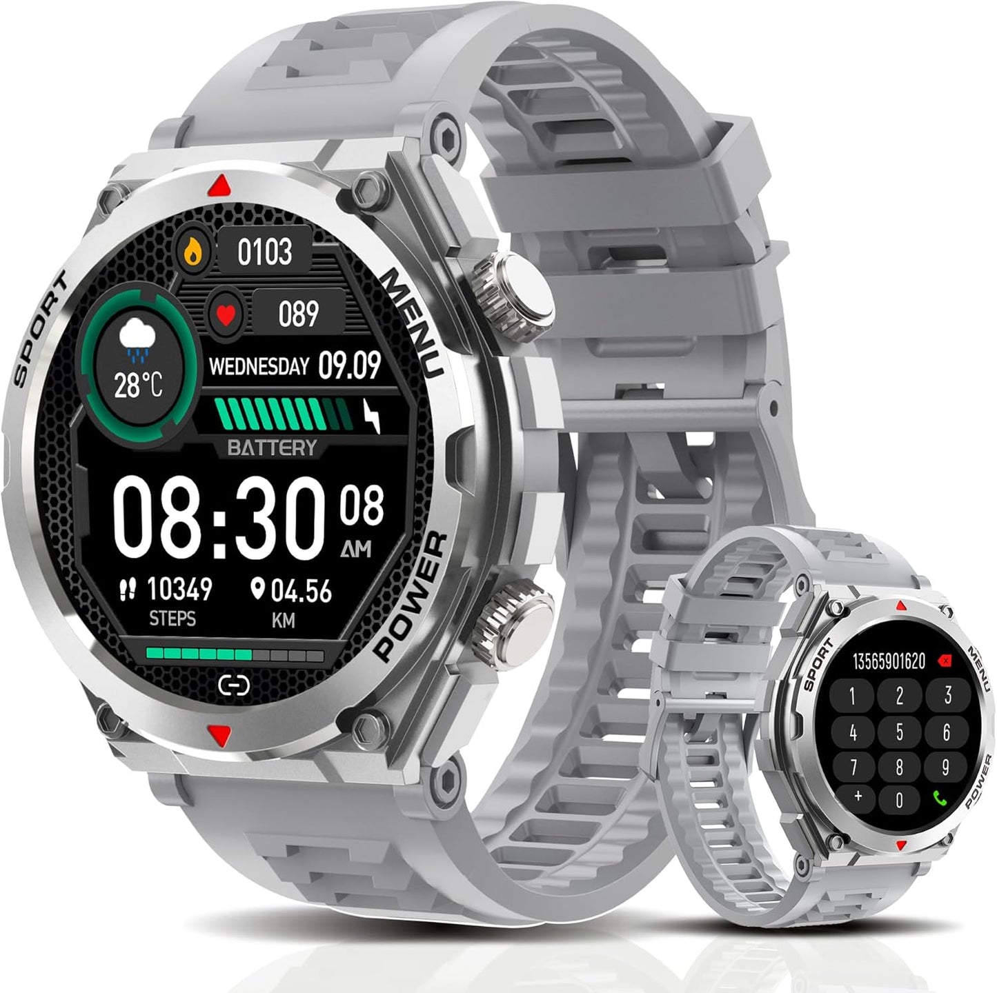 Military Smart Watch, 1.52-Inch Touch Screen Tactical Smartwatch with Text and Call, Heart Rate, Blood Oxygen, and Activity Trackers - Compatible with iPhone and Android, for Men and Women(Grey)