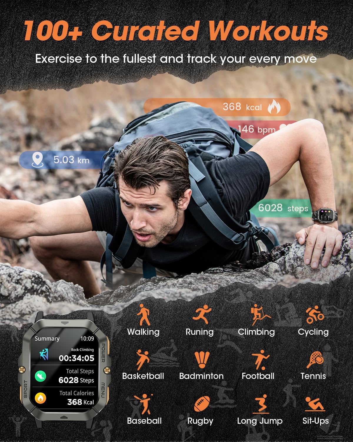 Military Smart Watches for Men (Answer/Make Calls), Watches for Men with Blood Pressure/Heart Rate/Sleep/100+ Sport Modes, 2.02'' Fitness Smart Watch, Waterproof Fitness Tracker for Android and iPhone