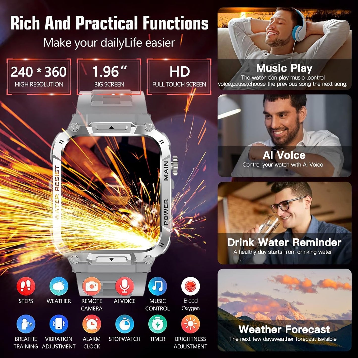Hvlgmrc Military Smart Watch for Men 1.96 Inches Outdoor Sports Smartwatch with Answer/Make Call,Fitness Watch,Blood Oxygen,Heart Rate and Sleep Monitor Compatible with iPhone and Android Phones