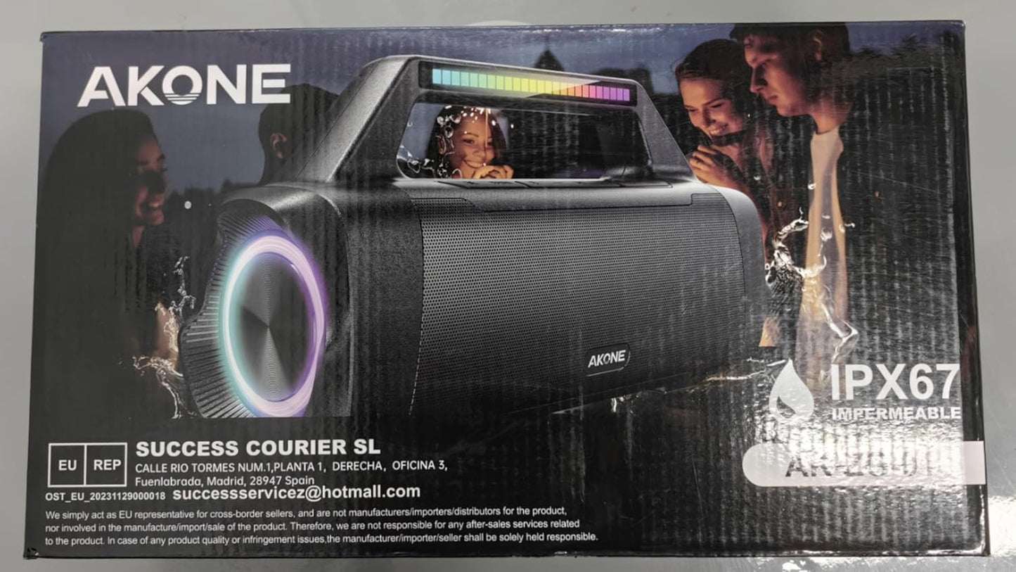 AKONE Bluetooth Speaker, 80 W Peak Music Box, Bluetooth Large Bass Boost with LED Light, Rolling Stereo Sound Box, 20 Hours Battery, IP67 Outdoor Speaker, Boombox for Parties, Beach, Camping