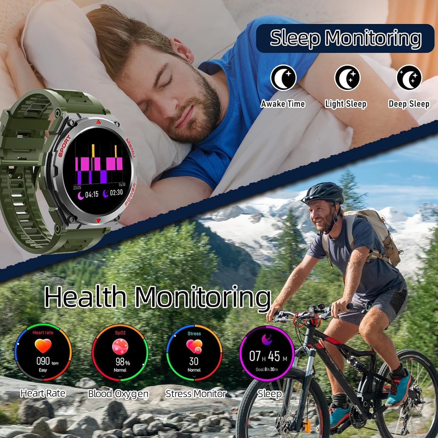 Military Smart Watch for Men (Answer/Make Call), 1.52" HD Smartwatch for Android Phones/iPhone, 100+ Sport Mode Fitness Tracker with Heart Rate, SpO2, Stress and Sleep Monitor, IP68 Waterproof