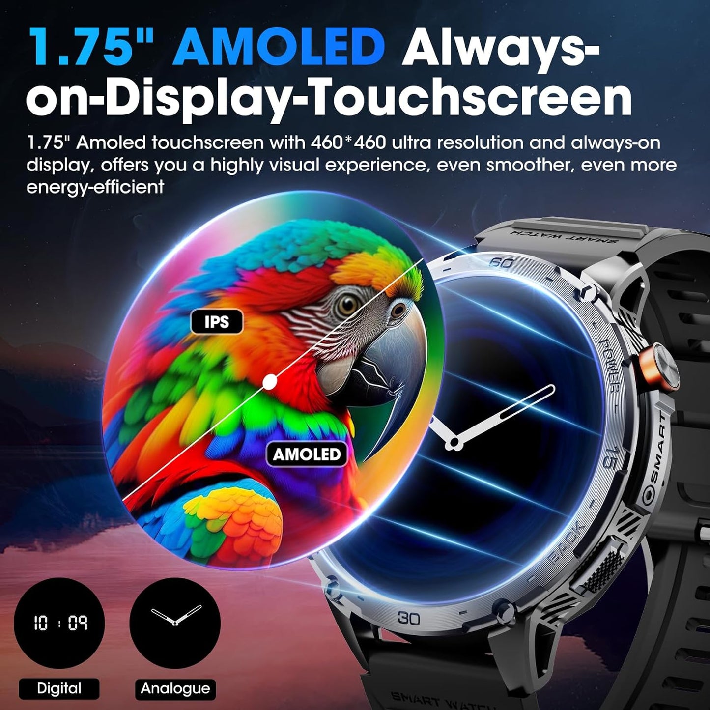 mingwear Military Smart Watch for Men 1.75" HD AMOLED Display 730mAh Battery Smart Watches with LED Flashlight for Android iOS(Bluetooth Call Answer/Dial Calls) Fitness Tracker Black Steel Strip