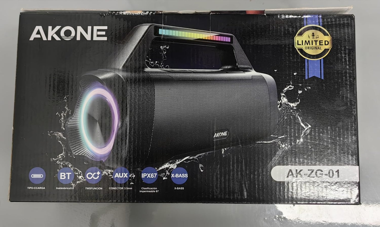 AKONE Bluetooth Speaker, 80 W Peak Music Box, Bluetooth Large Bass Boost with LED Light, Rolling Stereo Sound Box, 20 Hours Battery, IP67 Outdoor Speaker, Boombox for Parties, Beach, Camping