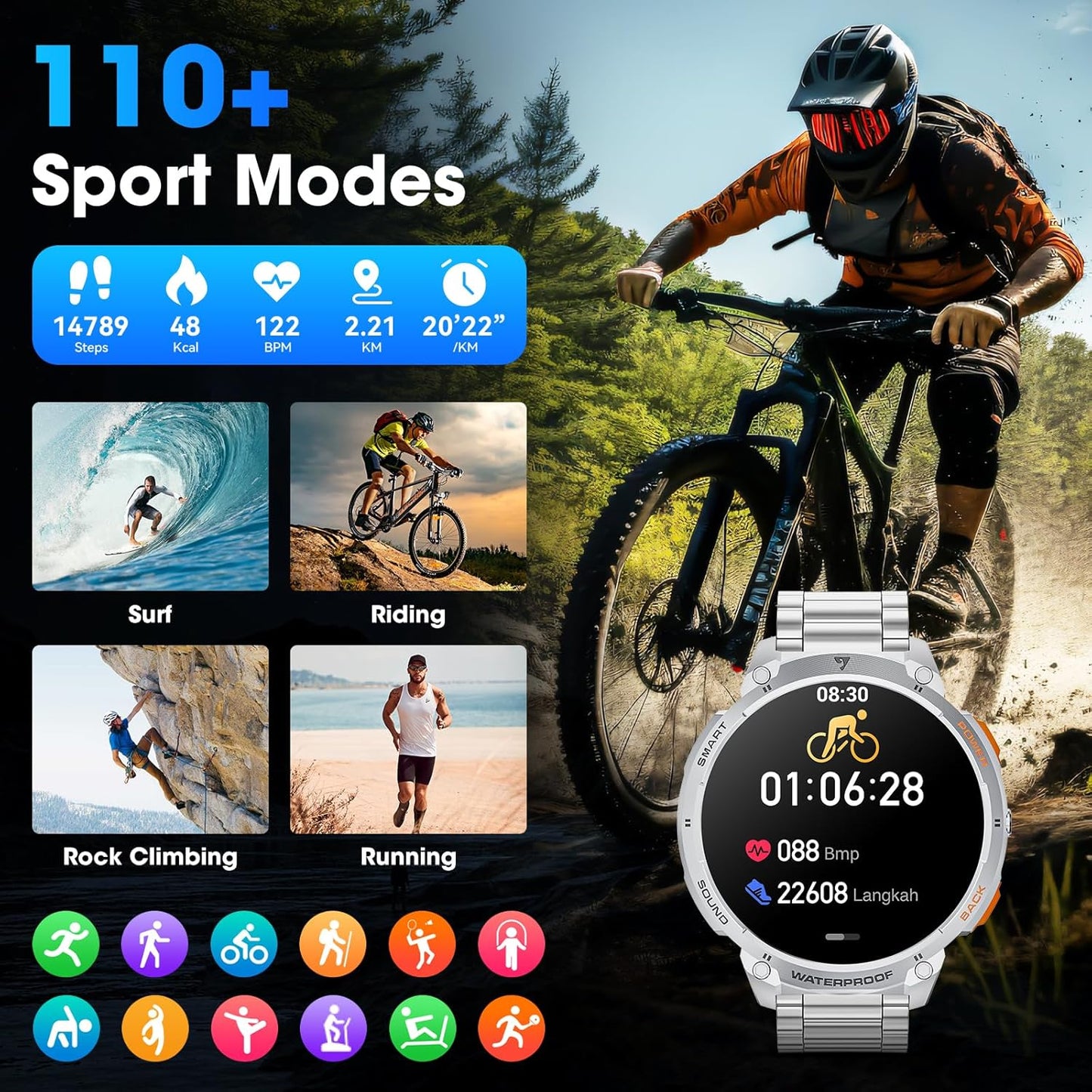 Military Smart Watch for Men 1.85" HD 730mAh Battery Smart Watches with LED Flashlight for Android iOS (Bluetooth Call Answer/Dial Calls) Fitness Tracker with Heart Rate Blood Silver Steel Strip