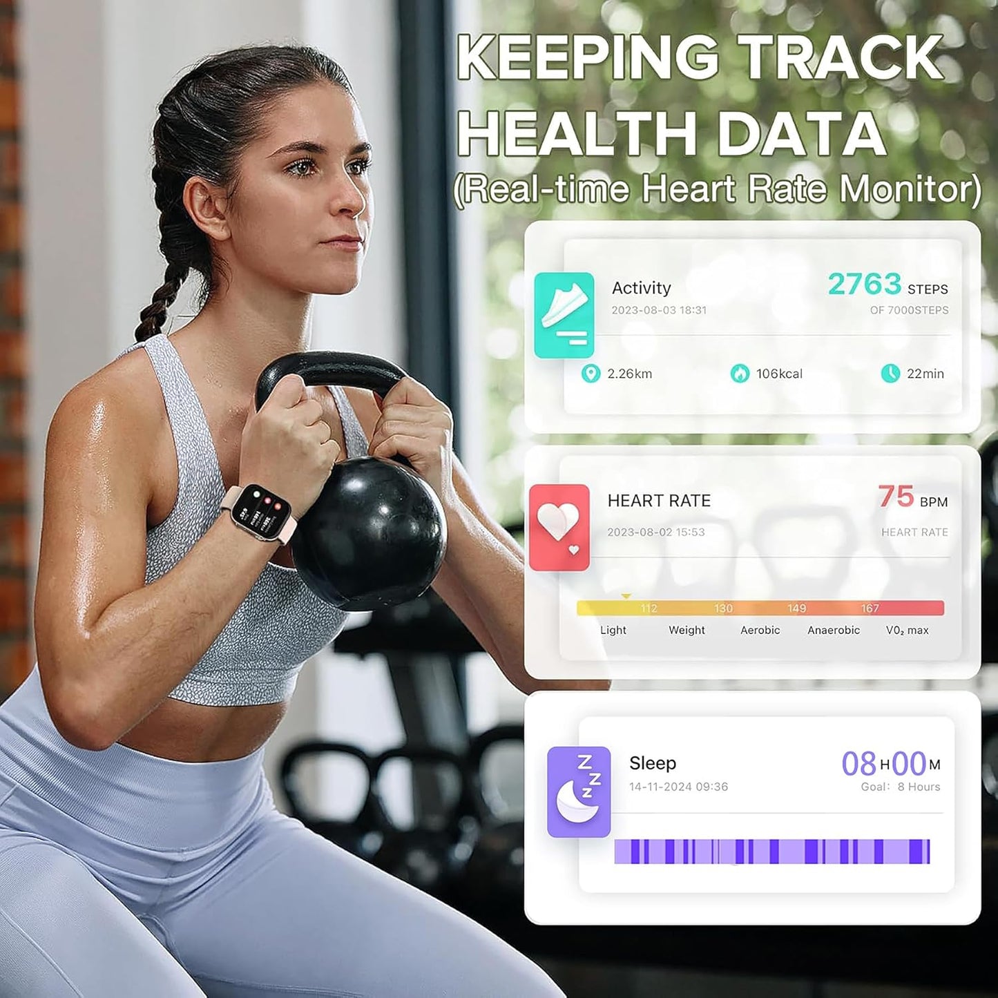 BRIBEJAT Smart Watch for Women Compatible iPhone Samsung Android, Voice Assistant & Answer/Make Call, 2.01'' Large Screen IP68 Waterproof, 110+ Sports, Spo2/Heart Rate/Sleep Monitor, Gold
