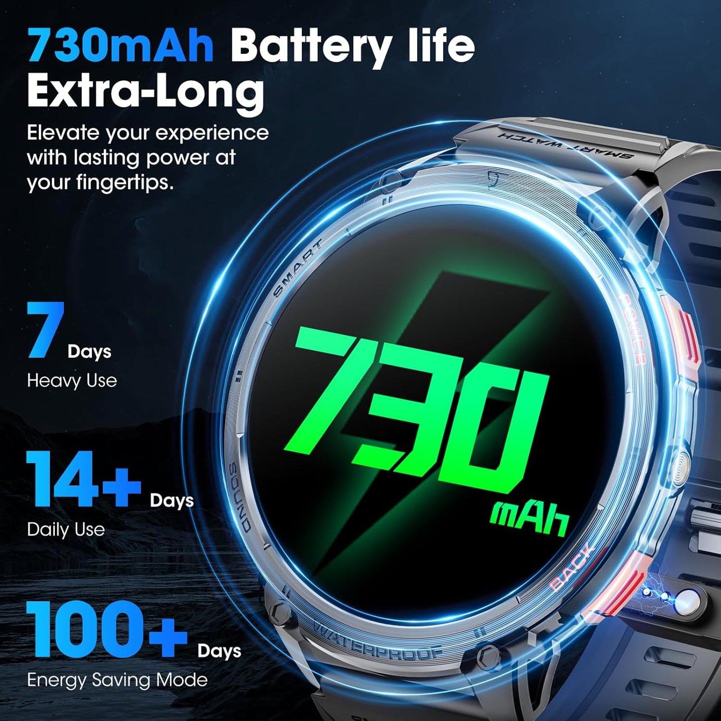 mingwear Military Smart Watch for Men 1.85" HD Touch Screen 730mAh Battery Smart Watches with LED Flashlight for Android iOS (Bluetooth Call Answer/Dial Calls) Fitness Tracker