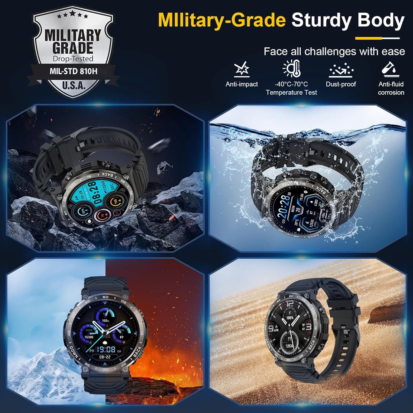 PYRODUM Smart Watches for Men-Bluetooth Call, 1.52" Military Smart Watch for Android iPhone, Waterproof Fitness Watch with Sleep Tracker, 118 Sports Modes, Calorie/Step Count, Rugged Hybrid Smartwatch