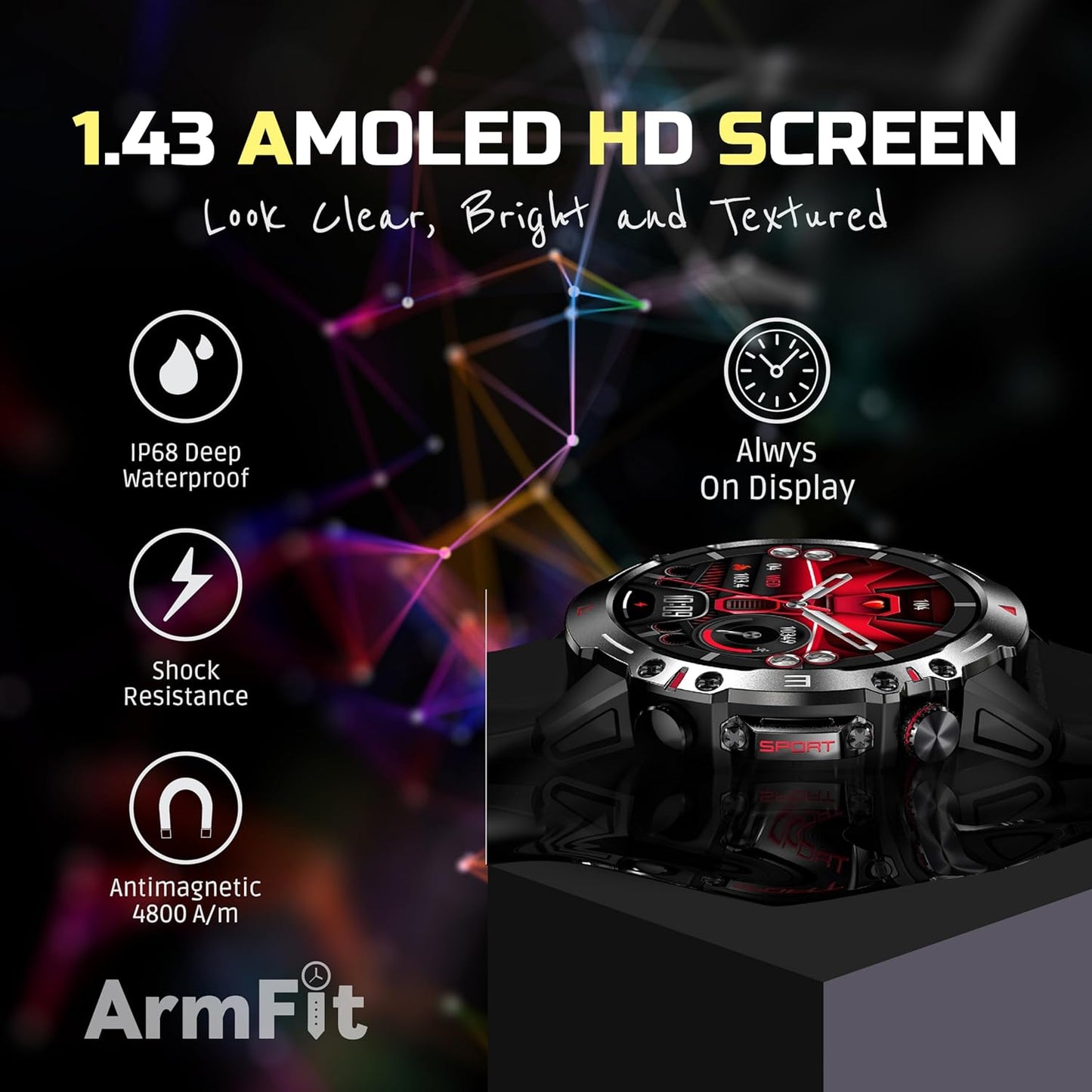 Armfit HULK Smart watch with AMOLED Always On Display Smart watches for men, BT Calling Waterproof Fitness Watch with Heart Sleep Monitor for Android iOS (Black)