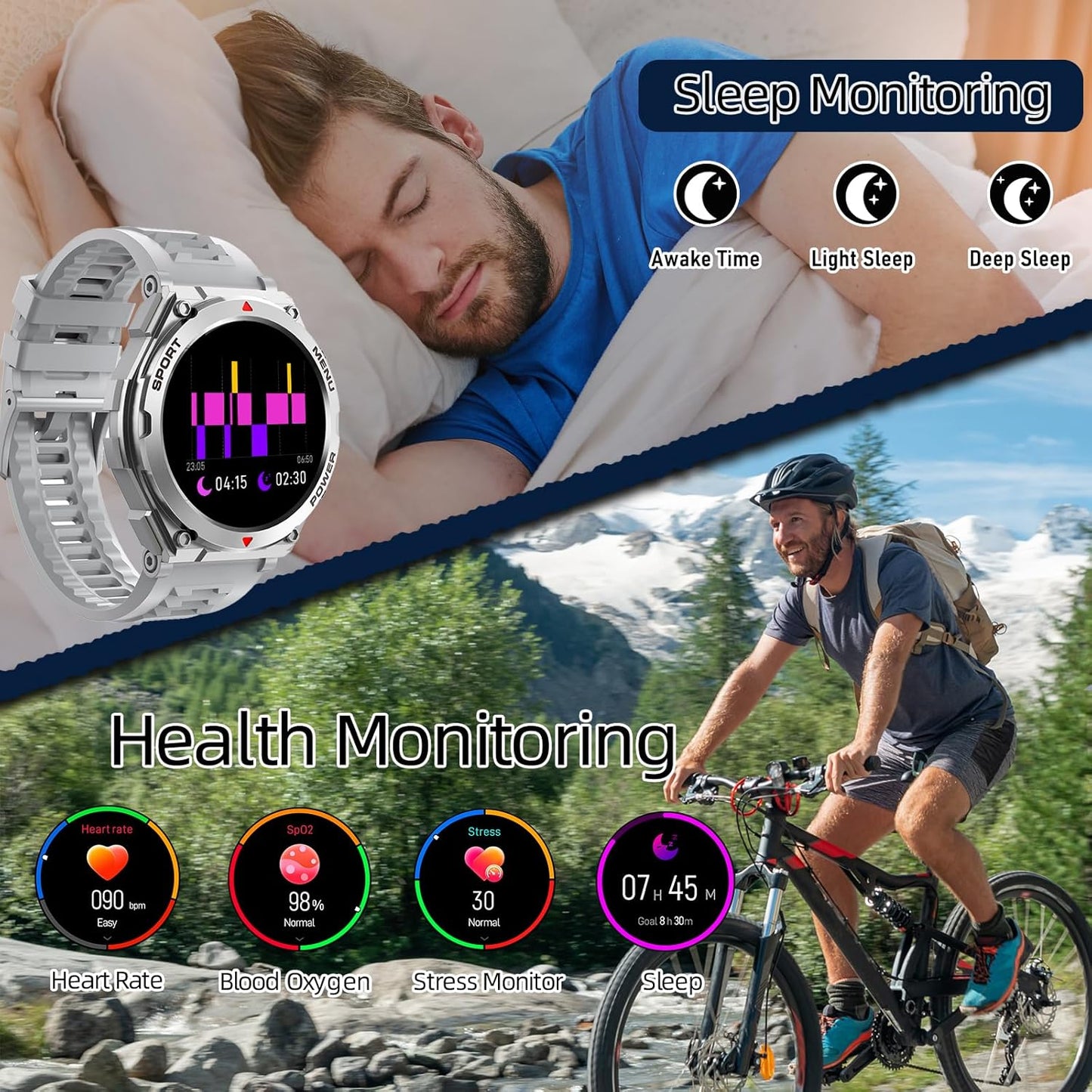 Military Smart Watch for Men (Answer/Make Call), 1.52" HD Smartwatch for Android Phones/iPhone, 100+ Sport Mode Fitness Tracker with Heart Rate, SpO2, Stress and Sleep Monitor, IP68 Waterproof