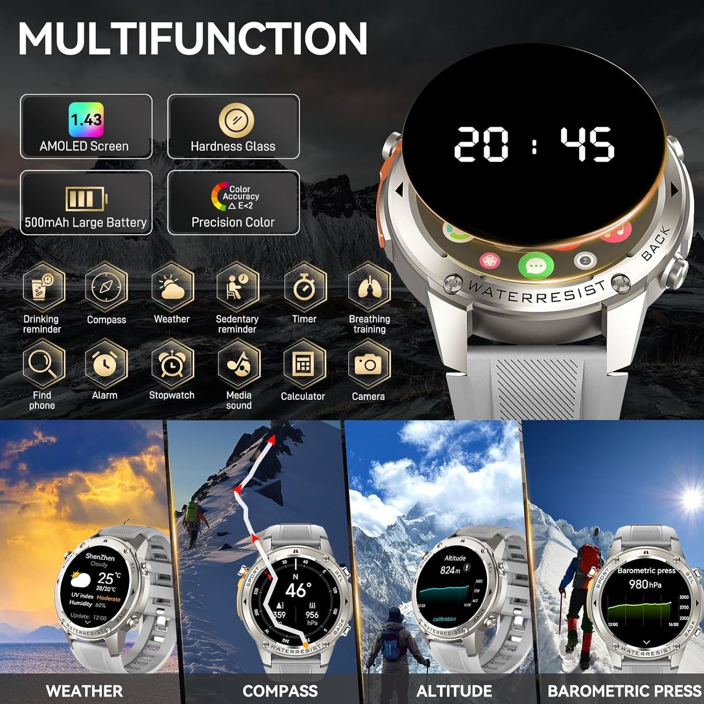 GPS Military Smart Watch for Men 5ATM Waterproof with 1.43'' Rugged Tactical Smartwatch with Call Compass Altitude Air Pressure AMOLED Always On Display Watch with HR SPO2 Monitor for iPhone Android