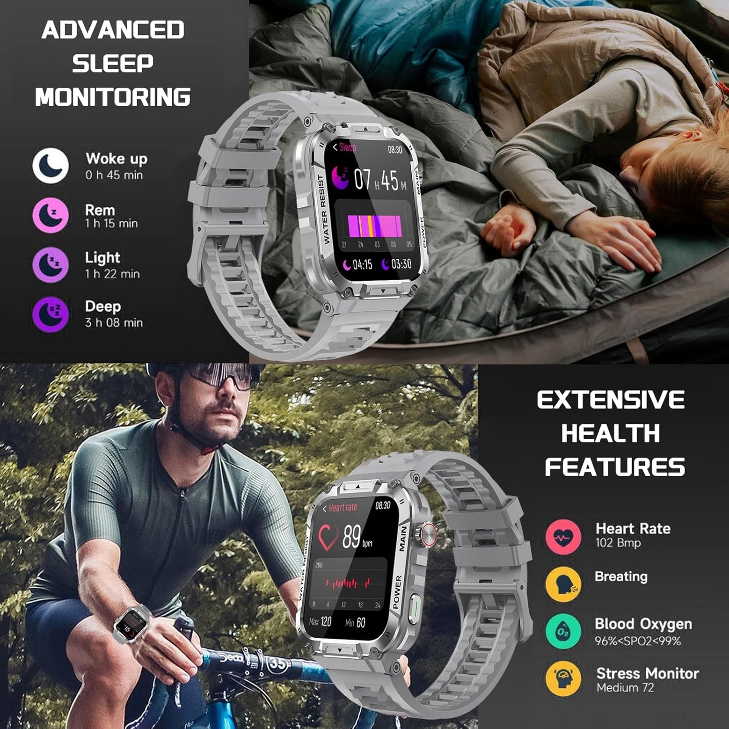 Military Smart Watch for Men with Call Function,Fitness Smart Watch for Android Phones and iPhone,Waterproof Fitness Tracker with Blood Oxygen/Heart Rate/Sleep/100+ Sport Modes, Watches for Men (Gray)