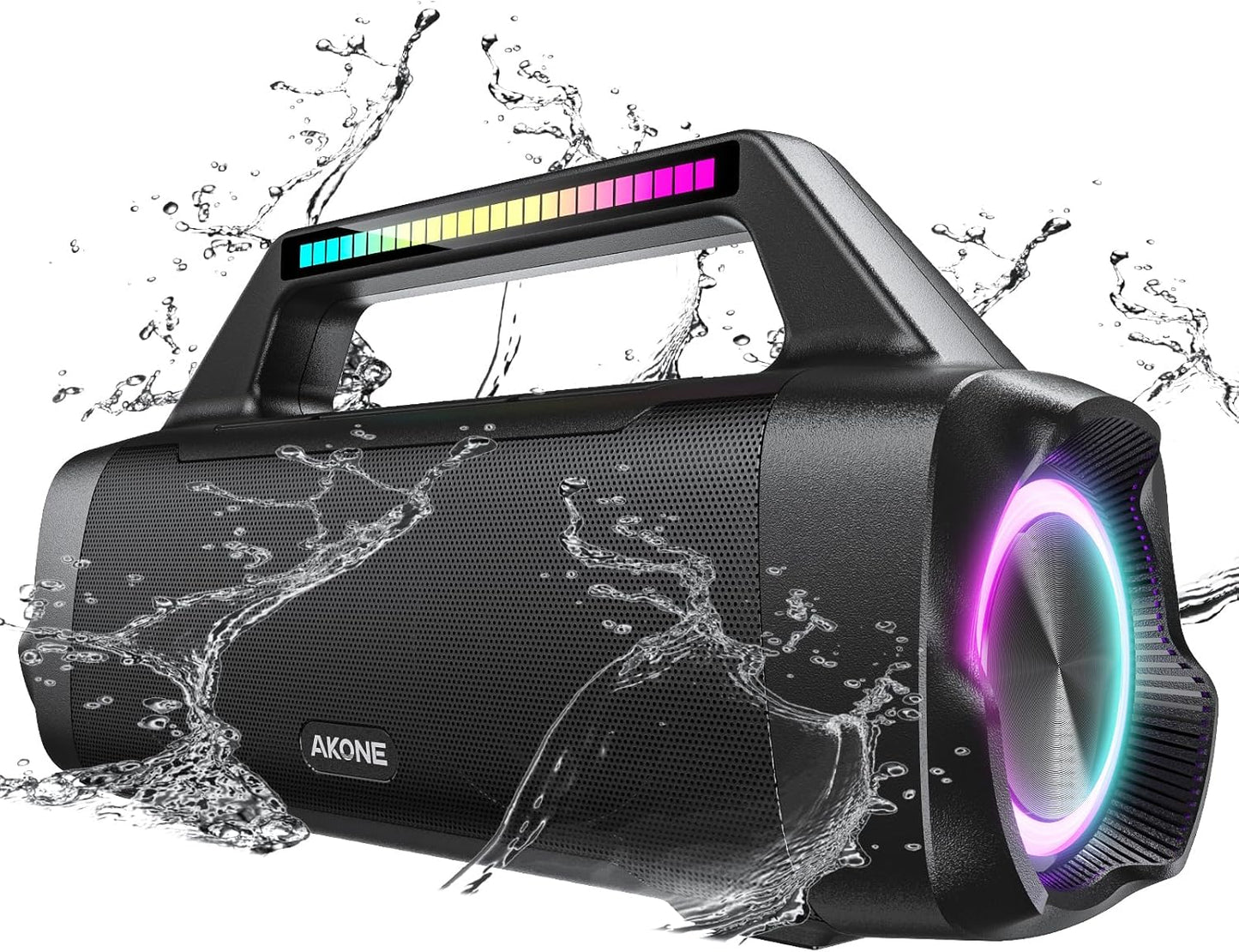 AKONE Bluetooth Speaker, 80 W Peak Music Box, Bluetooth Large Bass Boost with LED Light, Rolling Stereo Sound Box, 20 Hours Battery, IP67 Outdoor Speaker, Boombox for Parties, Beach, Camping