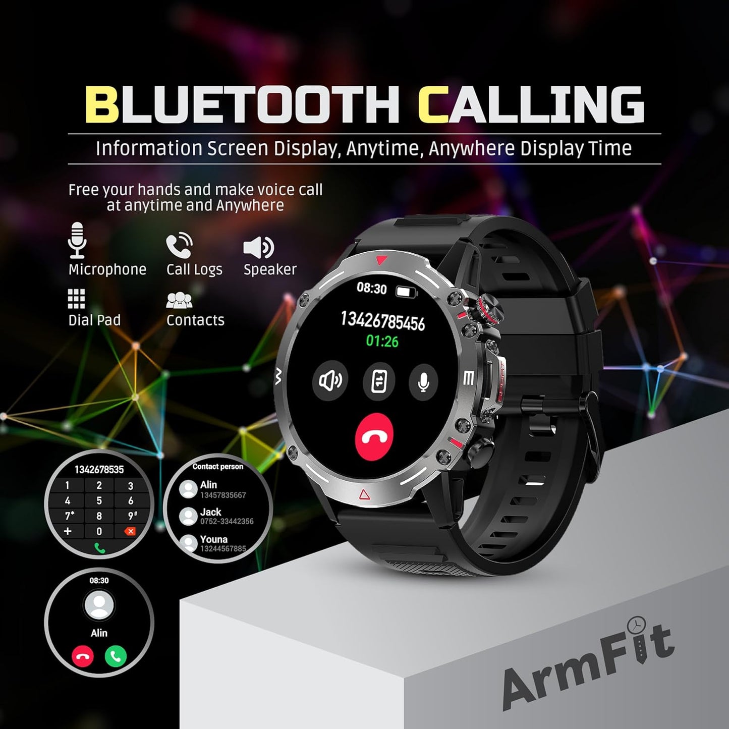 Armfit HULK Smart watch with AMOLED Always On Display Smart watches for men, BT Calling Waterproof Fitness Watch with Heart Sleep Monitor for Android iOS (Black)
