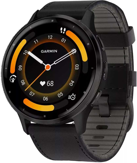 Garmin 010-02784-52 Venu 3 Slate Stainless Steel Bezel Smartwatch with Black Case and Leather Band, Slate/Black