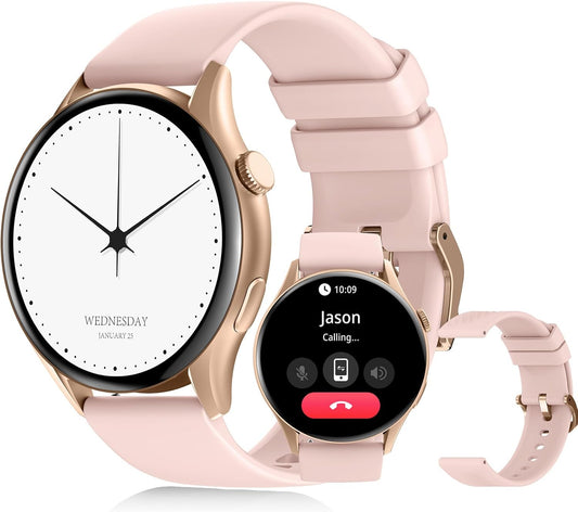 PEJE ZW10-AMD 1.43" Smartwatch -Smart Watches for Men, SpO2/HR/Sleep Monitor, Muslim Prayer Alerts,IP68 Waterproof, 120 Sports Modes, Bluetooth Calls Compatible Android iOS,Bring a spare strap (Pink)