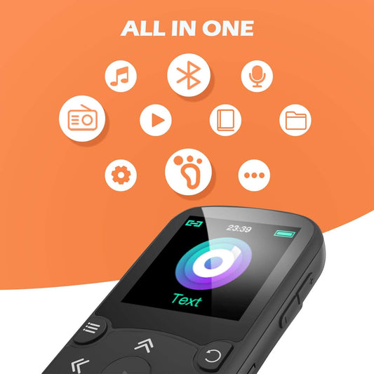 AGPTEK MP3 Player Bluetooth 5.3 Sport 64 GB with 1.5 Inch TFT Colour Screen, Mini Music Player with Clip, Supports up to 128 GB SD Card, Black