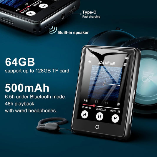 64GB MP3 Player Bluetooth 5.3, 2.8 Inch Touchscreen Portable HiFi Music Children's MP3 Player with Speaker, 18 Soothing Sounds, Up to 45 Hours Battery Life, FM Radio, Support 128GB