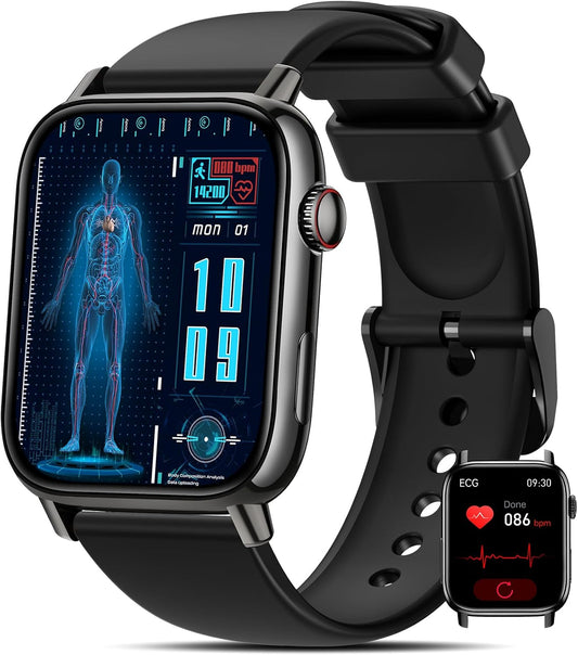BANLVS Men's Women's Smartwatch with HRV/ECG, 1.83 Inches Smart Watch with Bluetooth Calls, 24H SpO2, Heart Rate Monitor Sleep 145+ Sport IP68 Notifications Messages Android iOS Black