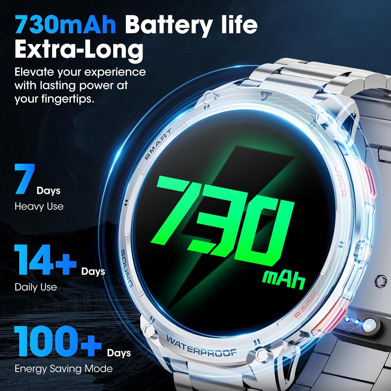 Military Smart Watch for Men 1.85" HD 730mAh Battery Smart Watches with LED Flashlight for Android iOS （Bluetooth Call Answer/Dial Calls） Fitness Tracker with Heart Rate Blood Silver Steel Strip