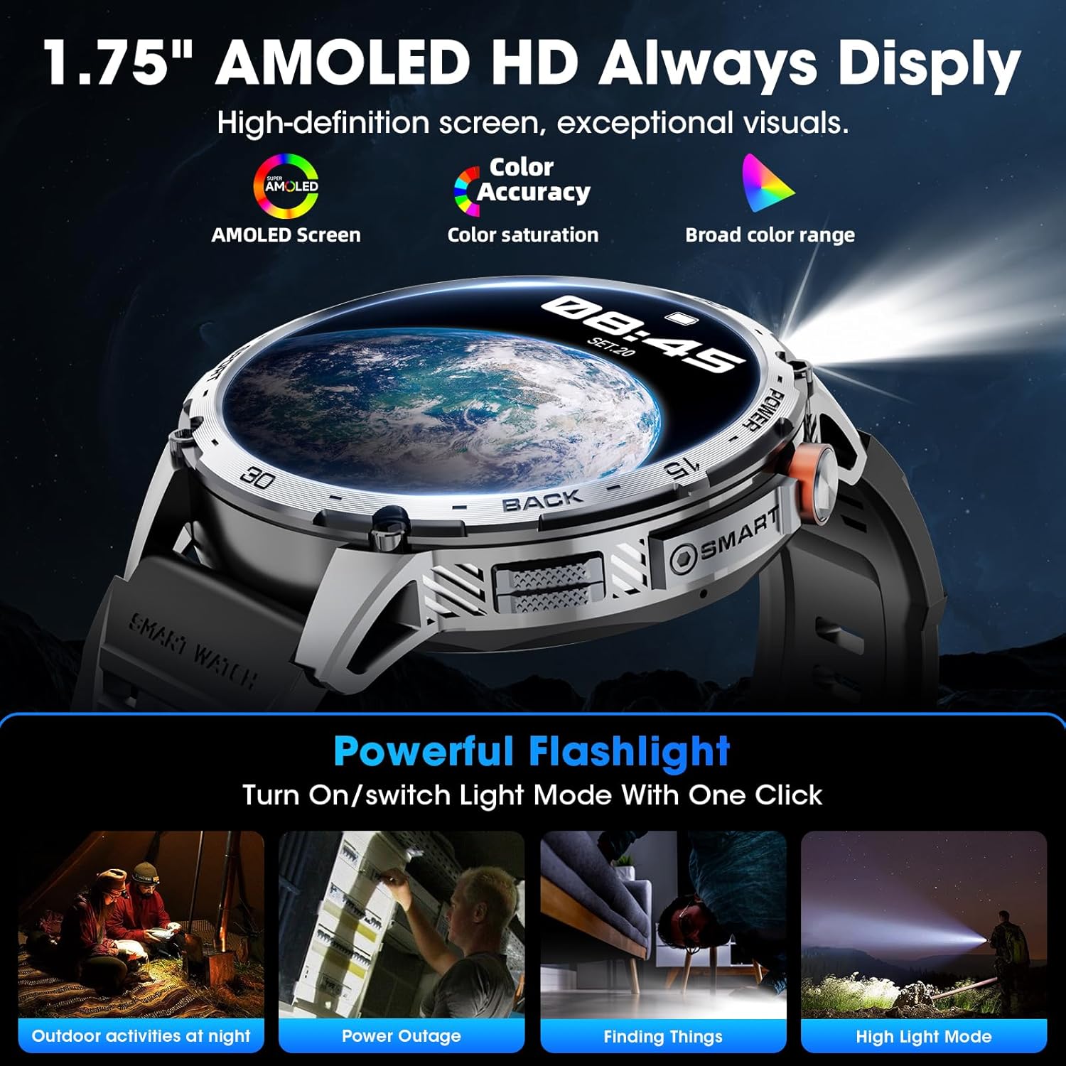 mingwear Military Smart Watch for Men 1.75" HD AMOLED Display 730mAh Battery Smart Watches with LED Flashlight for Android iOS（Bluetooth Call Answer/Dial Calls） Fitness Tracker Black Steel Strip