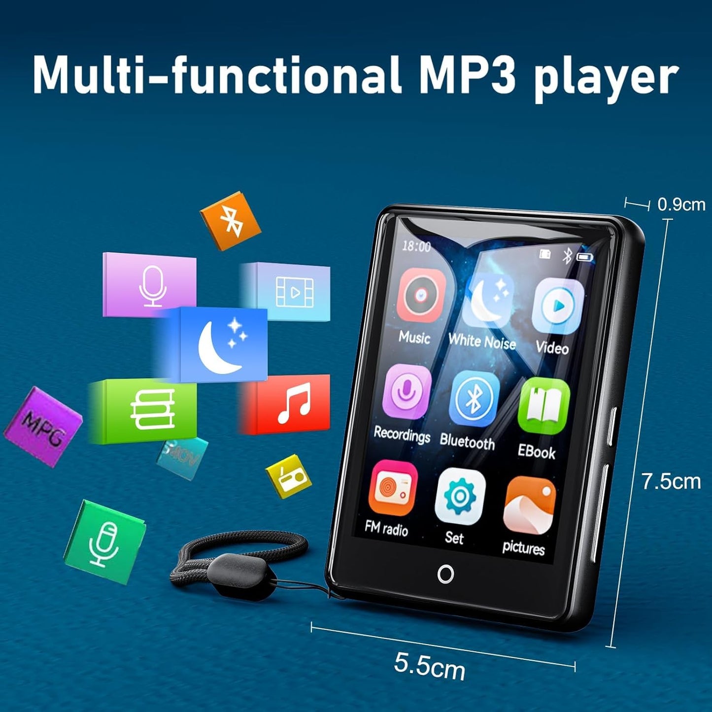 64GB MP3 Player Bluetooth 5.3, 2.8 Inch Touchscreen Portable HiFi Music Children's MP3 Player with Speaker, 18 Soothing Sounds, Up to 45 Hours Battery Life, FM Radio, Support 128GB