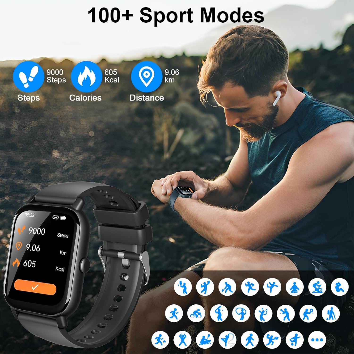 Garlo Smart Watch for Men Women, 1.85" Fitness Tracker, Heart Rate/Sleep Monitor/Pedometer, TFT HD Bluetooth, Multiple Sports Gym Modes, Waterproof Women Men Fitness Watch for Android iPhone (Black)