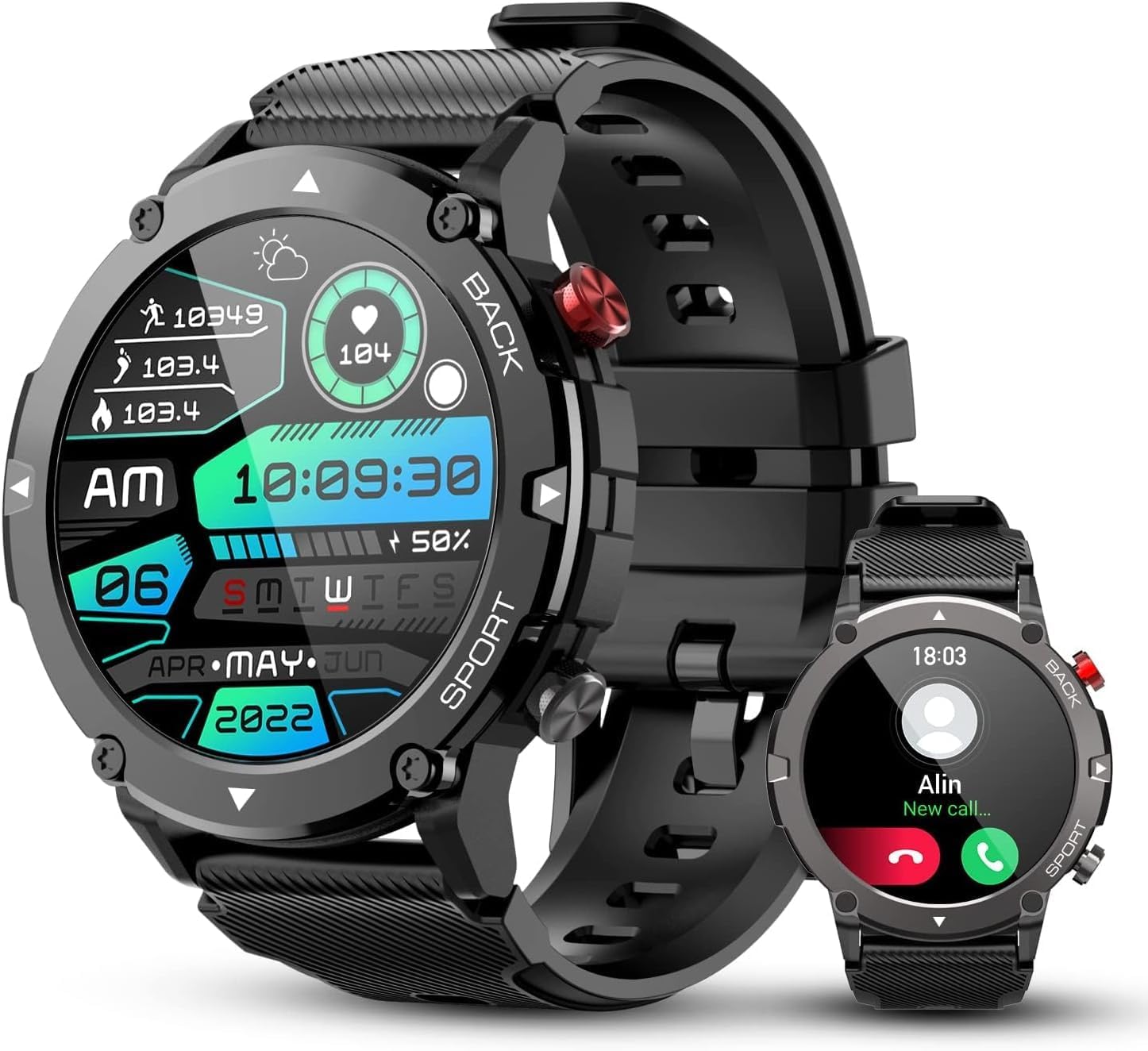 DUREXO Smart Watch for Men Bluetooth Call (Answer/Make Call) Military IP68 Waterproof 1.32'' Tactical Tracker Fitness Watch for Android iOS Outdoor Sports Smartwatch(Black)
