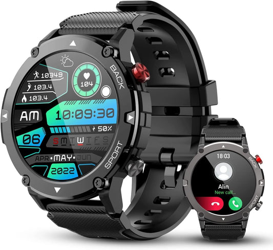 DUREXO Smart Watch for Men Bluetooth Call (Answer/Make Call) Military IP68 Waterproof 1.32'' Tactical Tracker Fitness Watch for Android iOS Outdoor Sports Smartwatch(Black)