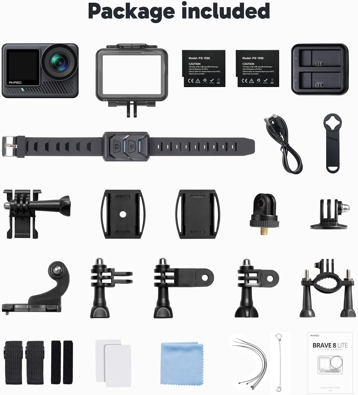 AKASO Brave 8 Lite Waterproof Action Camera - 4K60 Ultra HD Video, 20MP Photos, HDR, Dual Screen, SuperSmooth Stabilization, 8X Slow Motion, 4X ZOOM, Super Wide Angle, and Accessory Kits