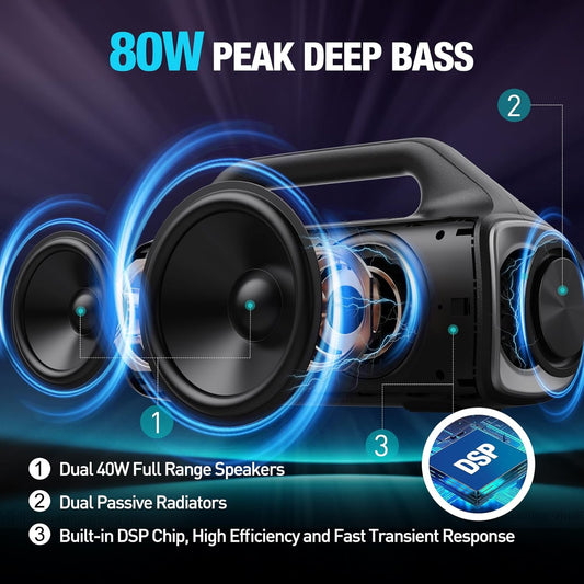AKONE Portable Bluetooth Speaker, 80W Peak Wireless Outdoor Speaker with LED Light, Deep Bass, 20 Hour Playtime, IP67 Waterproof Bluetooth Speaker, Loud Party Speakers for Camping, Beach, Garage