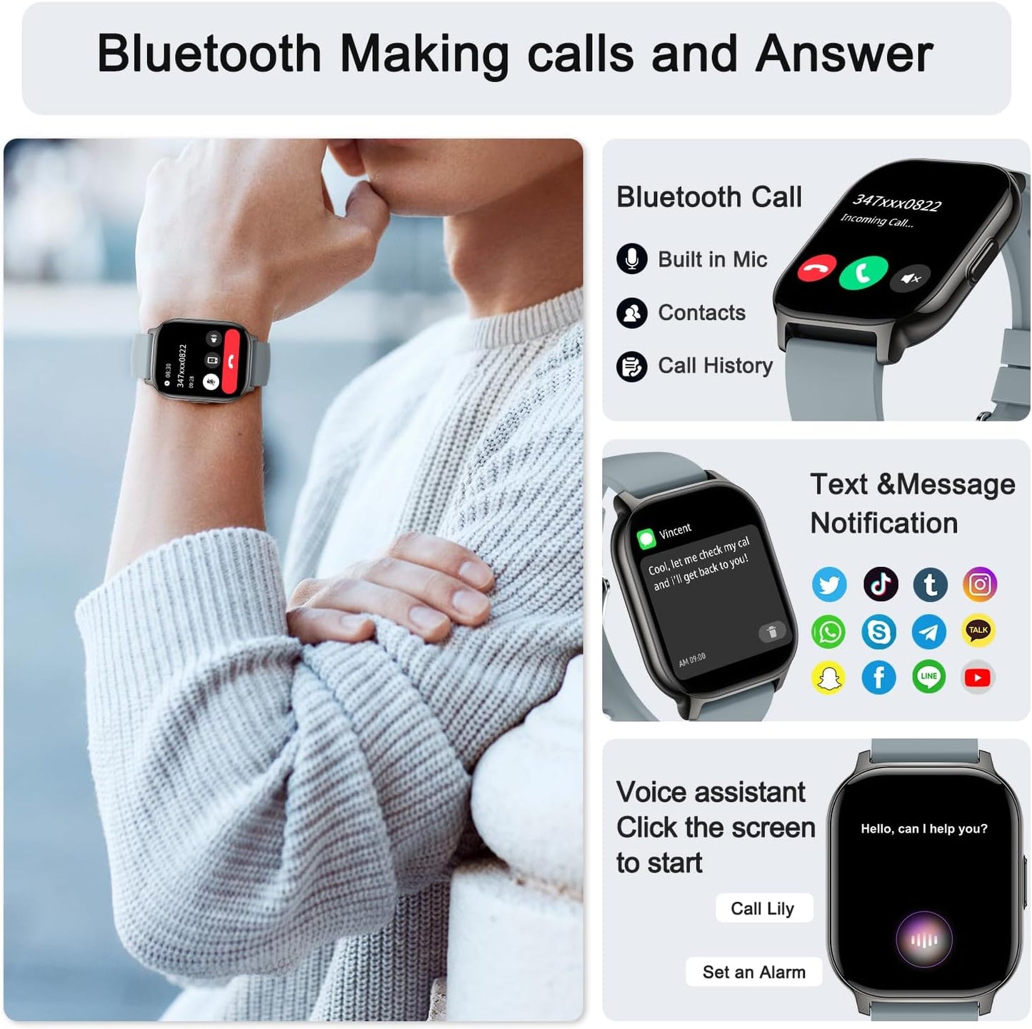 Smart Watch for Men Women Fitness: Make/Answer Call Smart Watches for Men Digital Mens Watches Waterproof Step Tracker Smartwatch Android Phones iPhone Samsung Compatible Heart Rate Monitor Gray