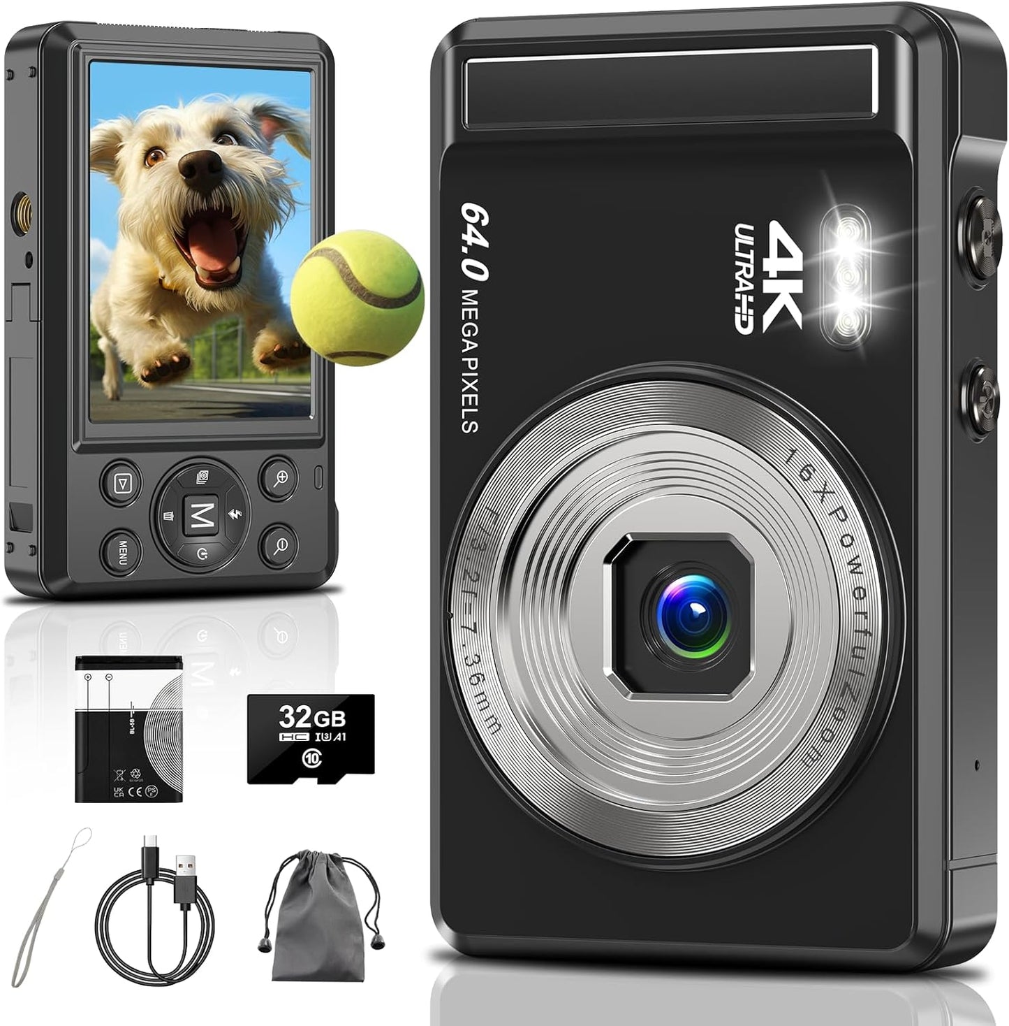 4K 64MP Digital Camera with 32GB SD Card for Photography, Auto Focus Portable Mini Compact Camera for Boys, Girls, Children, Beginners, Teenagers with 16X Digital Zoom and 2 Batteries
