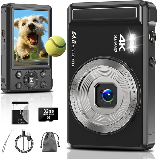 4K 64MP Digital Camera with 32GB SD Card for Photography, Auto Focus Portable Mini Compact Camera for Boys, Girls, Children, Beginners, Teenagers with 16X Digital Zoom and 2 Batteries