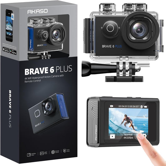 AKASO Brave 6 Plus Native 4K30FPS 20MP WiFi Action Camera with Touch Screen EIS 8X Zoom Voice Control Remote Control 131 Feet Underwater Camera with 2X 1350mAh Batteries and Helmet Accessories Kit