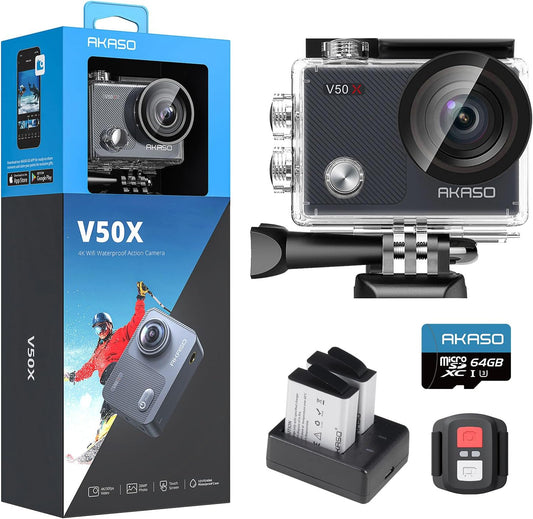 AKASO V50 X Sports Camera 4K with 64GB microSDXC U3 Memory Card Action Camera WiFi 20MP Waterproof Water Camera 40M with Touch Screen Remote Control Multi Accessory