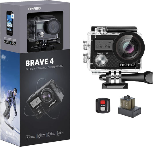 AKASO Brave 4 Action Camera, Ultra HD with EIS 30m Underwater Camcorder 4K 20MP WiFi Waterproof Camera with Remote Control, 2 Rechargeable Batteries and Mounting Accessories Kit