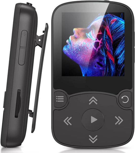 AGPTEK MP3 Player Bluetooth 5.3 Sport 64 GB with 1.5 Inch TFT Colour Screen, Mini Music Player with Clip, Supports up to 128 GB SD Card, Black