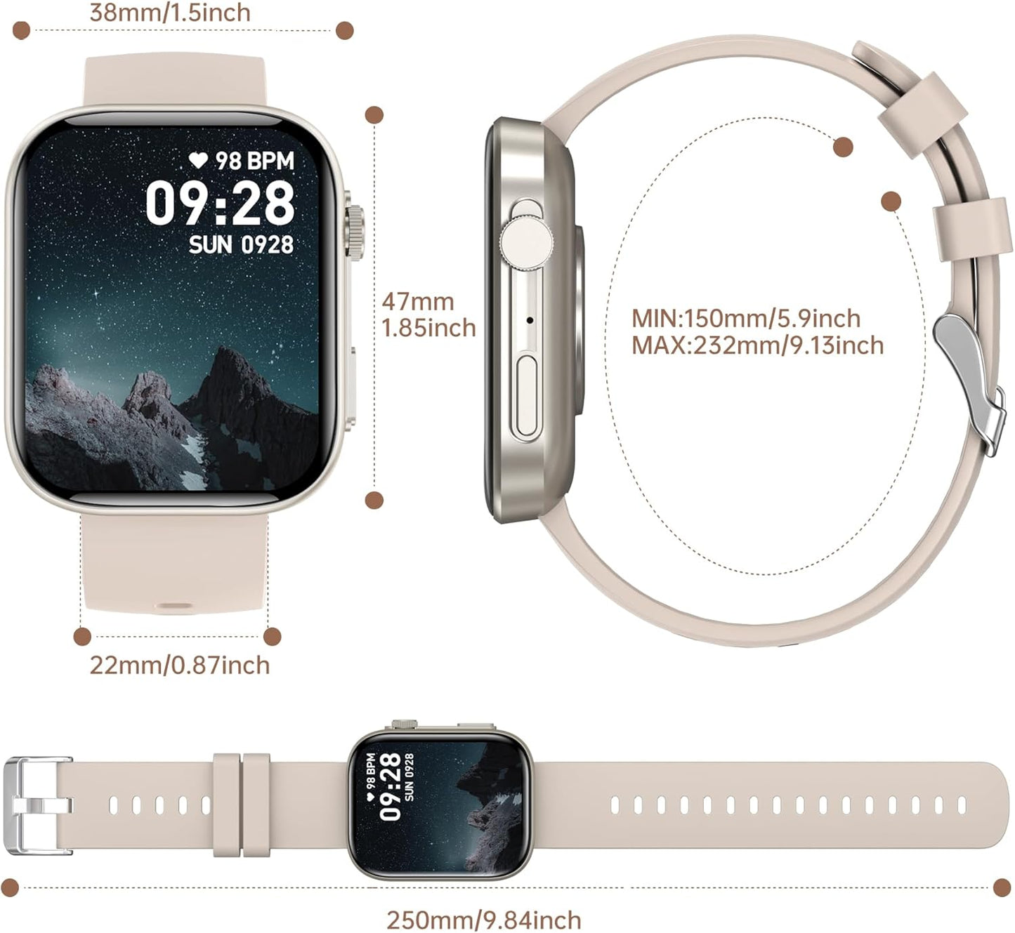 BRIBEJAT Smart Watch for Women Compatible iPhone Samsung Android, Voice Assistant & Answer/Make Call, 2.01'' Large Screen IP68 Waterproof, 110+ Sports, Spo2/Heart Rate/Sleep Monitor, Gold