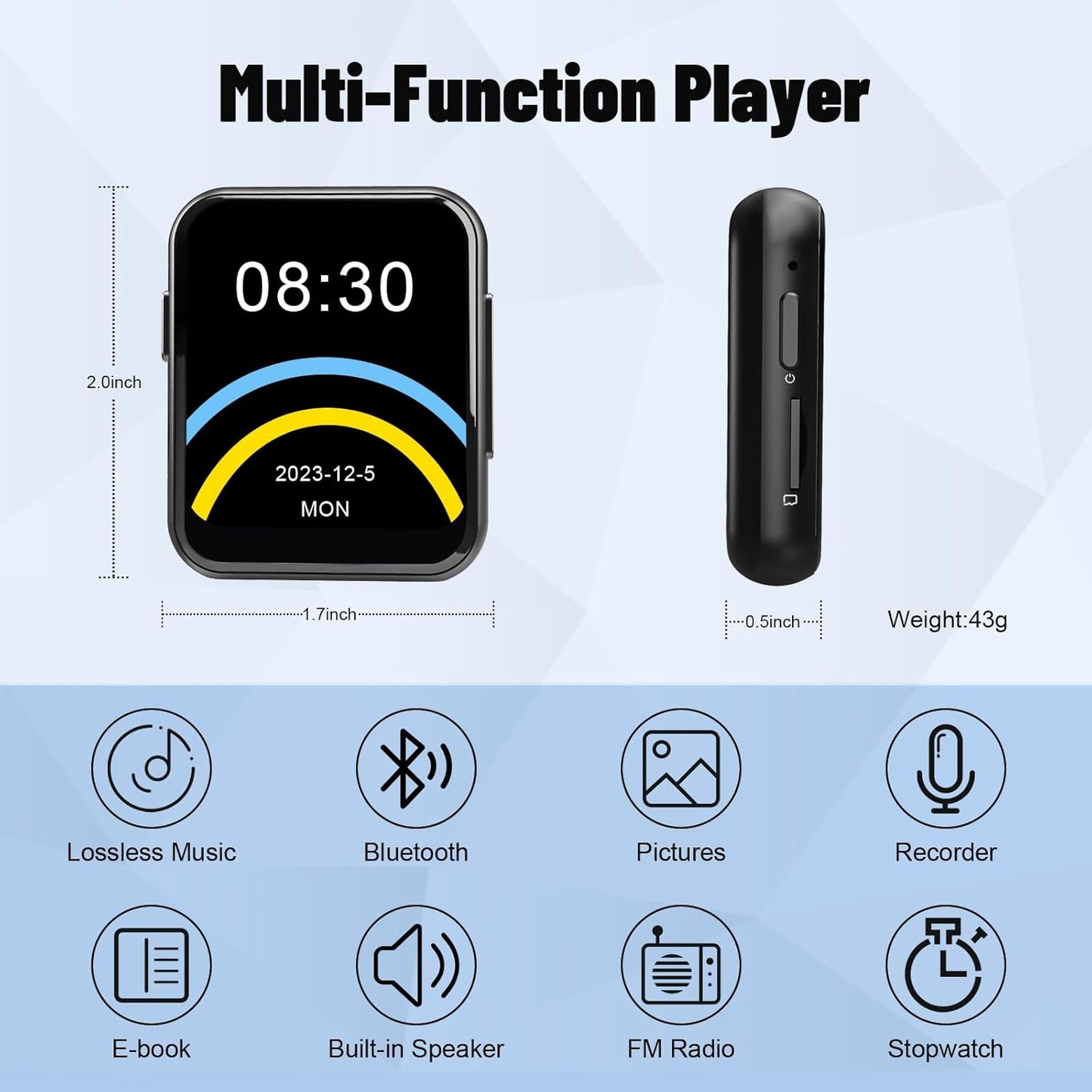 128GB MP3 Player with Bluetooth, Lossless Digital Music Player Portable with Built-in Speaker, 2.0 Inch Full Touch Screen, HiFi Sound