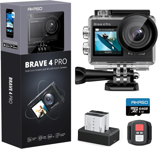 AKASO Brave 4 Pro Action Cam 4K30FPS 20MP, 64GB U3 Memory Card with 40M Underwater Camera Ultra HD Touch Screen 170° Wide Angle, EIS Stabilization, 5X Zoom, 2.4G Remote Control and 2 1350mAh Batteries