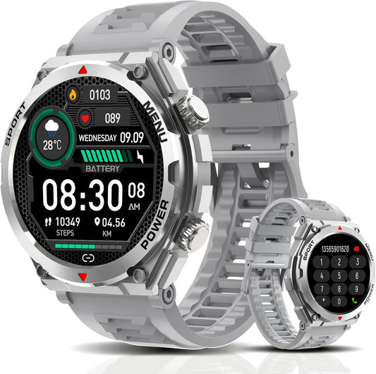 Military Smart Watch, 1.52-Inch Touch Screen Tactical Smartwatch with Text and Call, Heart Rate, Blood Oxygen, and Activity Trackers - Compatible with iPhone and Android, for Men and Women(Grey)