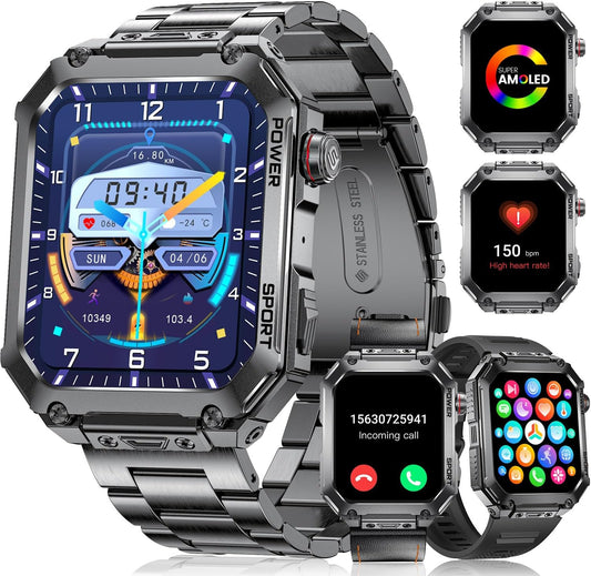 LIGE Military Smart Watches for Men, 1.96'' HD Screen with Answer Make Call Smart Watch for iOS Android Phone, Fitness Tracker with Heart Rate Sleep Monitor, 5ATM Waterproof Smartwatch