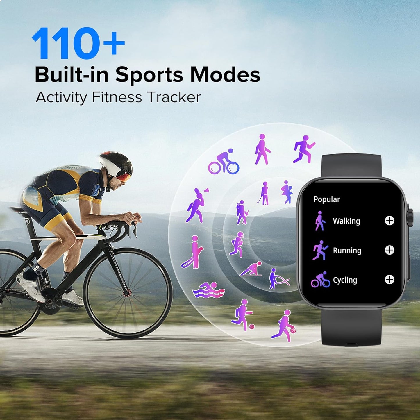 BRIBEJAT Smart Watch for Men Women Compatible iPhone Samsung Android, Voice Assistant & Answer/Make Call, 2.01'' Large Screen IP68 Waterproof, 110+ Sports, Spo2/Heart Rate/Sleep Monitor, Black