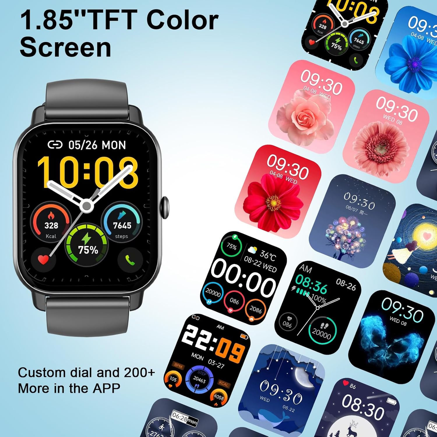 Garlo Smart Watch for Men Women, 1.85" Fitness Tracker, Heart Rate/Sleep Monitor/Pedometer, TFT HD Bluetooth, Multiple Sports Gym Modes, Waterproof Women Men Fitness Watch for Android iPhone (Black)