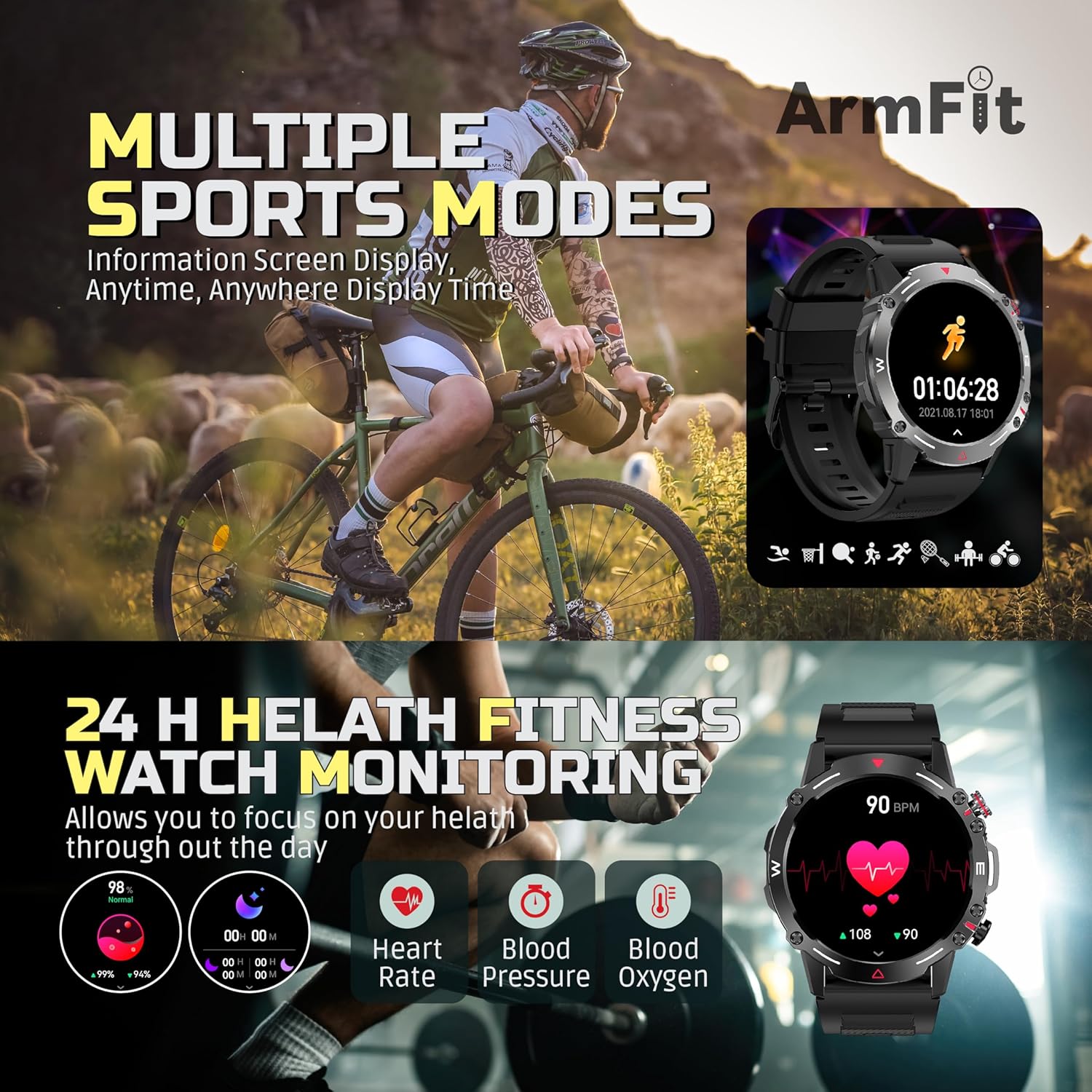 Armfit HULK Smart watch with AMOLED Always On Display Smart watches for men, BT Calling Waterproof Fitness Watch with Heart Sleep Monitor for Android iOS (Black)